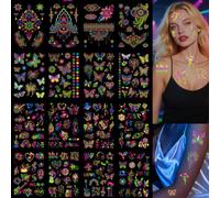KASESSS 16 Feuilles Tatouages Temporaires Fluorescent Uv, Néon Tatouage Ephemere Femme Festival Accessoire Faux Tatouage Corps Note de Musique Guitare Papillon Mandala pour Fête Rave Concert Plage
