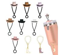 KASESSS 7 Pièces Réutilisables Couvercles de Paille, Chapeaux Cow Boy pour Stanley Cup Accessoires avec 2Pcs Bottes Charmes, 10mm Silicone Bouchons de Paille, Anti Poussière Capuchons de Paille