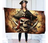 KASKANA Drapeau pirate - Jolly Roger avec épées croisées et carte - Drapeau amusant en polyester pour intérieur/extérieur 1,5 x 0,9 m