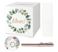 KASURE Urne Mariage Carton pour Enveloppe et Cartes 22 * 22 cm, vert, Idéale pour Mariage, Baptême, Anniversaire, Diplôme avec 10 Cartes & Stylo Doré