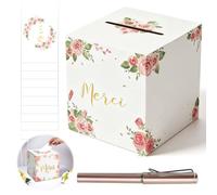 KASURE Urne Mariage Carton pour Enveloppe et Cartes 22 * 22 cm, vert, Idéale pour Mariage, Baptême, Anniversaire, Diplôme avec 10 Cartes & Stylo Doré (red)