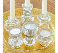 Kate Aspen Lot de 6 bougeoirs double face vintage en verre côtelé transparent, bougies piliers, bougies chauffe-plat et bougies votives réversibles (lot de 6, 3 tailles), décoration de table à manger,