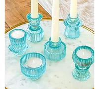 Kate Aspen Lot de 6 bougeoirs Vintage en Verre nervuré Bleu, Bougies piliers, Bougies Chauffe-Plat et Bougies votives (3 Tailles Assorties), décoration de Table à Manger, décoration d'étagère, Centre