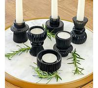 Kate Aspen Lot de 6 bougeoirs Vintage en Verre nervuré Noir, Bougies piliers, Bougies Chauffe-Plat et Bougies votives (3 Tailles Assorties), décoration de Table à Manger, décoration d'étagère, Centre