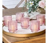 Kate Aspen Lot de 6 photophores Vintage en Verre côtelé Rose pâle - Décoration bohème, décoration d'étagère, Aspect Or Rose pour hôtesse