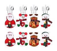 KATELUO 8 Pièces Porte-Couverts de Noël (Père Noël + Renne + Bonhomme de Neige), Sac de Vaisselle de Table Noël, Sac à Couverts Noël, pour la Décoration de Dîner de Noël, la Décoration de Table