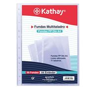 Kathay 86556500. Sachet de 50 pochettes multi-perforations, A4, 11 perforations, polypropylène standard