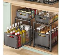 KATLKIU Rangement Sous Evier Cuisine Lot de 2 Etageres Reglables 41-49cm | Organisateur avec paniers coulissants et butée anti-chute, ideal sous vasque cuisine salle de bain, acier carbone noir