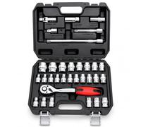 KATSU Jeu de Douilles 1/2" 32 Pièces, Entraînement Métrique 8-32mm Avec liquet à Dégagement Rapide 72 Dents et Barre d'Extension, Outil de Garage de Réparation Automatique 420347