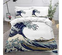 KAVITO Housse de Couette 200x200 Kanagawa Parure de lit 3D Microfibre Hypoallergique taies d'oreiller 50x75 Fermeture Éclair Vagues Japon Manga Parure de lit Adultes Adolescents Taille
