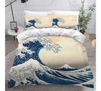 KAVITO Housse de Couette 200x200 Kanagawa Parure de lit 3D Microfibre Hypoallergique taies d'oreiller 50x75 Fermeture Éclair Vagues Japon Manga Parure de lit Adultes Adolescents Taille