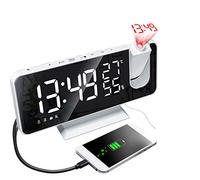 Kavolet Réveil à Projection numérique 4 en 1, Horloge de projecteur à 180 degrés, avec de Miroir, Moniteur d'humidité température/Radio FM/Chargeur de téléphone/Affichage à LED/℃ / ℉