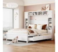 Kayan Cadre de lit avec espace de rangement 140 x 200 cm, avec 4 tiroirs et grande armoire de rangement, lit double en bois massif avec sommier à lattes (blanc)