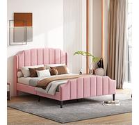 Kayan Lit double rembourré 140 x 200 cm, cadre de lit avec sommier à lattes et tête de lit, sommier à lattes en bois, lit rembourré en velours, lit pour adolescent, lit d'invité (rose, 140 x 200 cm)