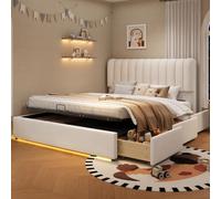 Kayan Lit rembourré pour enfant 140 x 200 cm, lit de rangement, avec vérin à gaz hydraulique, coffre de lit avec grand espace de rangement et 3 tiroirs, avec barre lumineuse LED et housse en velours