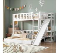 Kayan Lit superposé avec lit roulant extensible, lit pour enfant avec grille de protection contre les chutes, toboggan et étagères, échelle droite à 4 niveaux, pin + MDF, blanc, 90 x 200 cm + 90 x 190