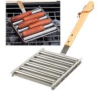 KAYCROWN Rouleau à Hot-Dog avec Support à Saucisse et Manche en Bois Extra Long, Grill pour BBQ Pour des Hot-Dogs Uniformément Cuit, Capacité de 5, Argenté