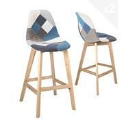 KAYELLES Lot de 2 chaises de Bar Patchwork, Hauteur Assise 67 cm, Style scandinave, Large et Confortable siège à Haut Dossier, Tissu rembourré, Pieds Bois de hêtre Clair Slick (Bleu)