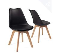 KAYELLES Lot de 2 chaises scandinaves Design Cuisine, Salle à Manger ou Chambre. Confortable siège en Plastique Souple, Assise avec Coussin Simili Cuir rembourré. Pieds Bois de hêtre Clair Lao (Noir)