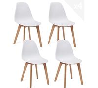 KAYELLES Lot de 4 chaises de Cuisine scandinaves Design. Siège en Plastique Souple Blanc, léger, résistant et Facile d'entretien. Pieds en Bois de hêtre Clair NAO (Blanche)