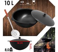 Kazan 10L NAMANGAN en fonte ronde avec couvercle - marmite de camping, WOK, écumoire, BBQ, cuisine d'extérieur