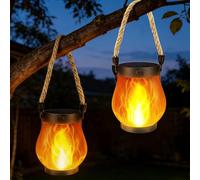 KBIBCK Lot de 2 lanternes solaires d'extérieur avec effet vacillant, lanterne solaire à suspendre en corde de chanvre, charge solaire 2 en 1 et rechargeable par USB, lanterne solaire à flamme pour