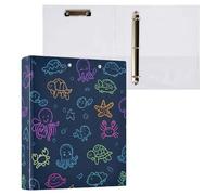 Kcldeci Lot de 2 classeurs à 3 anneaux avec couverture rigide, contour fluo, animaux marins, anneaux ronds de 3,8 cm avec poches intérieures, pour l'école, le bureau, les cartes de recettes