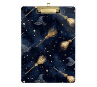 Kcldeci Porte-bloc en acrylique de taille A4 pour salle de llaitement, chapeau de sorcière, balai, étoiles, tableau dur pour fournitures de bureau, école, doré, 30,5 x 22,9 cm