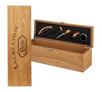 KDO MAGIC - Coffret Sommelier personnalisé en Bois - 5 Accessoires pour Le vin - Tire-Bouchon, Bouchon, Bec verseur, Stop-Gouttes, Thermomètre - Idée Cadeau fête des pères (Texte)