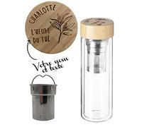 KDO-MAGIC Gourde en verre personnalisée gravée 40 ouchon bambou | Idée cadeau | Double paroi | Prénom gravé | Filtre infuseur | Cadeau Noël | Anniversaire
