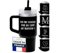 KDO MAGIC Mug isotherme Personnalisé Acier inoxydable 400ml (Noir) | Idée cadeau pour noël, collègue, maman | Tasse thermique double paroi | Paille fournie | Gobelet personnalisable gravé