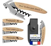 KDO MAGIC - Tire bouchon Personnalisé Acier inoxydable (Modèle Prénom) | Idée cadeau homme, fête des pères, papa, anniversaire | Tire-bouchon sommelier bois | Décapsuleur avec prénom gravé