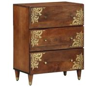 KDVXBCQJH Buffet en bois massif de mangue, 60 x 33 x 75 cm, commode marron | Armoire compacte en bois massif avec 3 tiroirs et accents dorés pour le salon et la chambre à coucher.