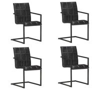 KDVXBCQJH Lot de 4 chaises cantilever en cuir véritable noir avec | Chaises rembourrées confortables au motif de blocs rétro avec cadre en fer solide pour cuisine, salle à manger et bureau.