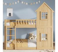 KecDuey 90 x 200 cm Lit superposé pour enfants en forme de maison en pin | 2 fenêtres décoratives, rails latéraux 360°