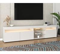 KecDuey Meuble TV bas brillant de 180 cm avec éclairage LED - Avec 3 portes et étagère en verre - 180 x 35 x 45 cm - Blanc