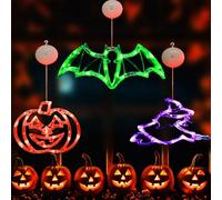 KEELYY Lot de 3 lumières LED décoratives d'Halloween pour fenêtre avec ventouse, citrouille, chauves-souris, chapeau de sorcière, éclairage de fenêtre, lampe à piles pour décoration de fenêtre