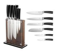 KEEMAKE Couteaux de Cuisine avec Bloc Aimanté Bois | Couteau Cuisine Office Santoku Chef Pain Universel 5 Pièces en Acier Inoxydable, pour Passionnés de Cuisine