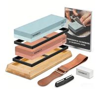 KEENBEST 400/1000 3000/8000 Pierre à Aiguiser Couteaux avec Socle Bambou | Kit Maître Complet pour Couteaux. Inclut Socle Bambou, Guide d'Angle, Pierre d'Aplatissement & Cuir à Rasoir Inclus