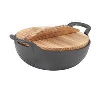 Keenso Wok en Fonte avec Couvercle en Bois, Poêle à Fond Plat pour une Cuisine Asiatique Authentique, Manche en Bois Massif (20cm)