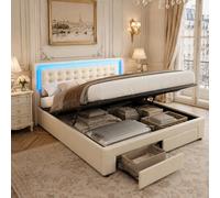 KeepGoon Lit capitonné 140x190 cm avec sommier, Lit Double avec LED, lit Coffre avec 2 tiroirs, lit de Rangement avec décoration à Boutons, Velours