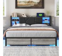 KeepGoon Lit en Bois de Fer 160 x 200 cm, Table de Chevet avec Barre Lumineuse et Port USB, Double tiroirs au Bout du lit, Lit Double Dossier rembourré, tête de lit avec Compartiment de Rangement, PU
