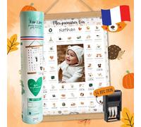 Keep'Love - Pack Affiche "Mes Premières Fois" à Tamponner + Tampon Dateur + Baguettes de Suspension - Cadeau de Naissance, Décoration Chambre Bébé, Cadeau Maman, Grand Format A3 (Modèle Renard)