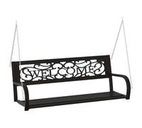 Keeushr Balancelle 125 cm en acier et plastique noir | Banc de jardin et terrasse, accoudoirs larges, dossier avec inscription Welcome, chaînes de suspension incluses