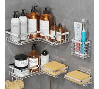 Kegii Etagere Douche Angle - Pack de 4 Étagères Douche sans Percage avec Porte-Savon, Porte-Brosse à Dents, Inox Brossé, Gain de Place Coin Baignoire