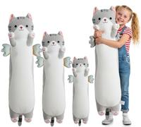 Kekeso Oreiller Peluche Chat Long, Coussin Corps Peluche Chat Mignon avec Ailes, Kawaii Douce à Câliner - Cadeau pour Enfants à Noël, Saint-Valentin & Anniversaire(Gris, 90cm/35.43in)