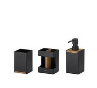 kela Ensemble de Salle de Bain 3 pièces Cube Noir, Aspect Bois, gobelet, Porte-brosses à Dents, Distributeur de Savon 300 ML, Accessoires de Salle de Bain Noirs