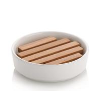 kela Porte-savon avec écoulement en céramique 11,5 cm NATURA, grille à savon amovible en bambou, porte-savon blanc