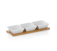 kela Set de 4 bols à servir PHILIPA, Bols à snack en porcelaine avec plateau de service en bambou, carré, Set de bols à tremper blanc