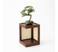 KELENMNAZT Étagère à Plantes en Bois Massif et Rotin, Étagère au Sol à 2 Niveaux for Bonsaï et Déco, Panneaux Latéraux Tressés, Base 30x30cm, Hauteurs 40/60/80cm(Walnut,40cm/15.7in)
